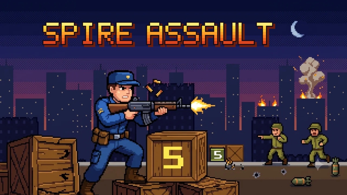 Spire Assault: 밤의 도시에서 소총을 쏘는 파란 제복의 군인
